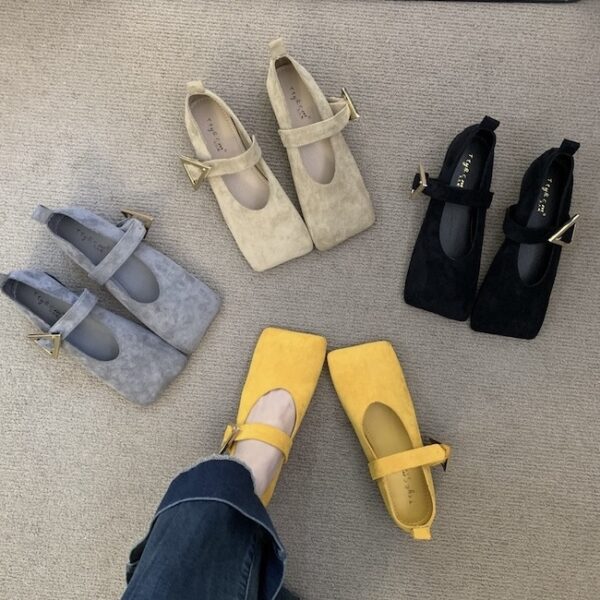 Fashionable Suede Square-Toe Mary Janes with Metal Triangle Buckle