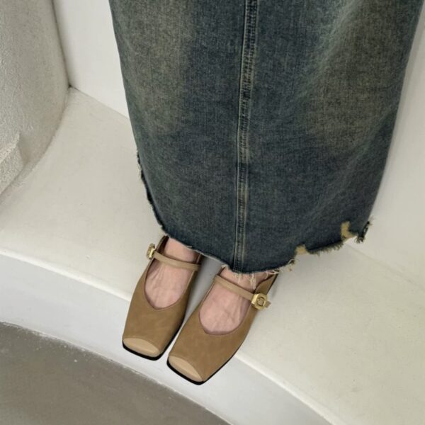 Retro Metal Buckle Mary Jane Mule Shoes Square-Toe Flat-Heeled Covered-Toe Sandals
