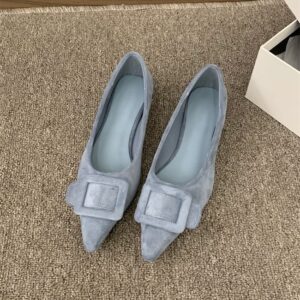French pointed suede shallow mouth low-heeled flat shoes with a big square buckle decoration