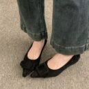 French pointed suede shallow mouth low-heeled flat shoes with a big square buckle decoration