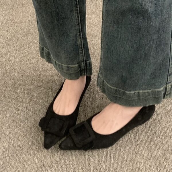 French pointed suede shallow mouth low-heeled flat shoes with a big square buckle decoration
