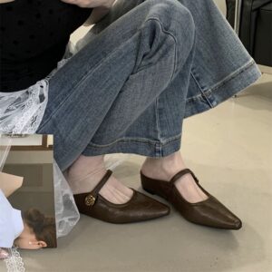 Retro Metal Buckle Pointed-Toe Mary Jane Mules Strappy Flat-Soled Closed-Toe Sandals
