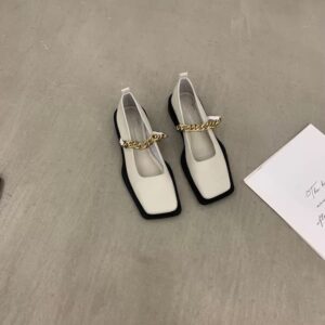French Vintage Metal Chain Square-Toe Mary Jane Flats