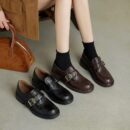 Vintage Buckle Leather Loafers - Elegant Low - Heel Shoes