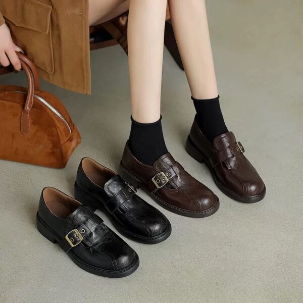 Vintage Buckle Leather Loafers - Elegant Low - Heel Shoes