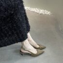 Retro Pleated Pointed-Toe Open-Back Pumps Slim-Heel French-Style Commuter Heels