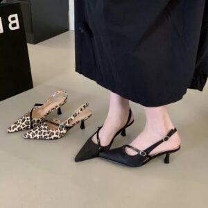 Pointed-toe cross-strap backless sandals Leopard print stiletto retro commuter heels