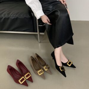 Metal Square Buckle Pointed-Toe High Heels Stylish Minimalist Retro Stiletto Pumps