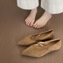 Insole Elevation Suede Pointed-Toe Metal Buckle Flat Shoes Retro Commuter Mary Jane Women's Shoes