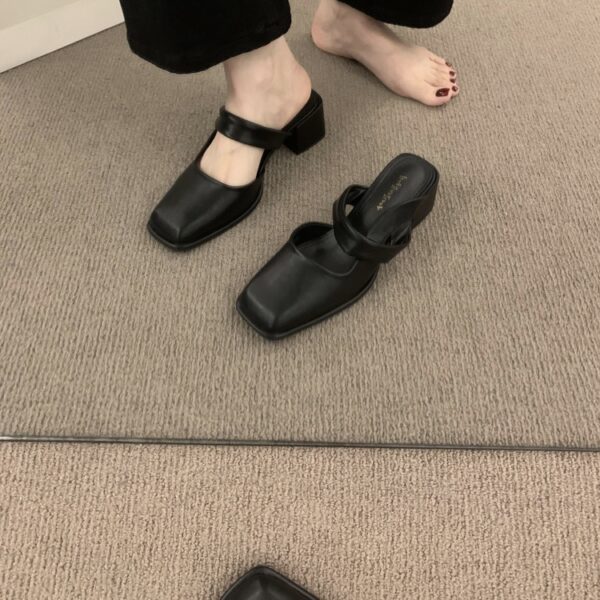 Retro Square-Toe Mules Chunky Heel Strap-Up Toe-Covered Sandals