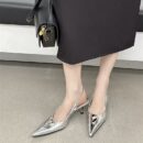 Metal Buckle Pointed-Toe Backless Sandals Glossy Stiletto Heel Vintage Commuter Pumps