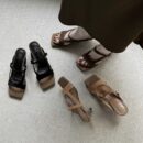 Genuine Leather Vintage Square-Toe High-Heel Sandals