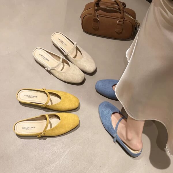 Retro Suede Mary Jane Mules Square-Toe Flat-Soled Multi-Color Sandals