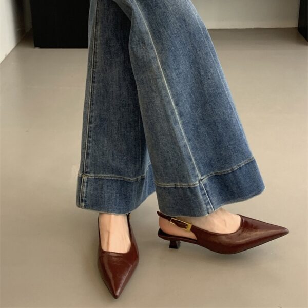 Pointed-toe backless metal buckle flats Retro stiletto-heel commuter low-heel sandals