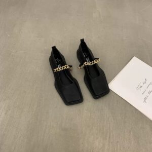 French Vintage Metal Chain Square-Toe Mary Jane Flats