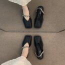 Square-Toe Metal Chain Mary Jane Mules Minimalist Flat Sandals