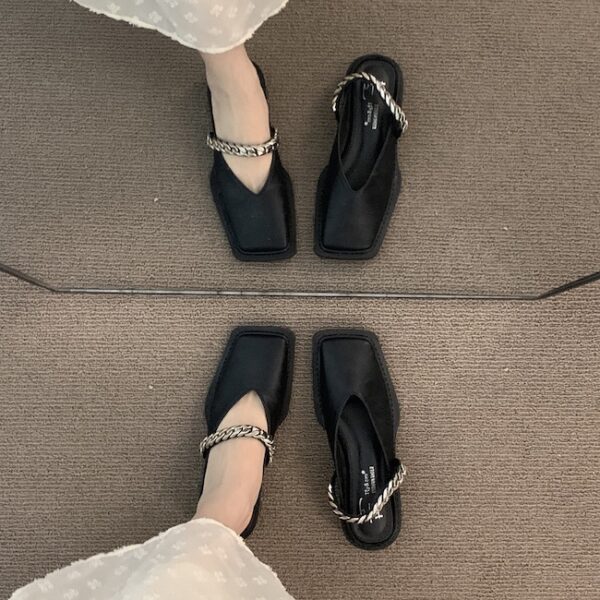 Square-Toe Metal Chain Mary Jane Mules Minimalist Flat Sandals