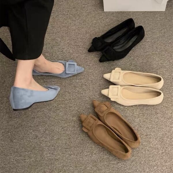 French pointed suede shallow mouth low-heeled flat shoes with a big square buckle decoration