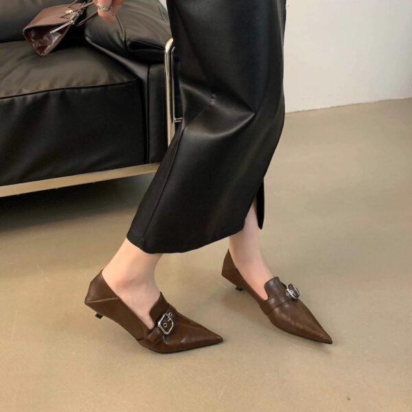 Multi-color pointed-toe metal buckle flats Retro-inspired low-cut pumps for everyday wear