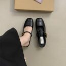 Retro Square-Toe Mary Jane Mules Metal Buckle Low-Heel Covered-Toe Sandals