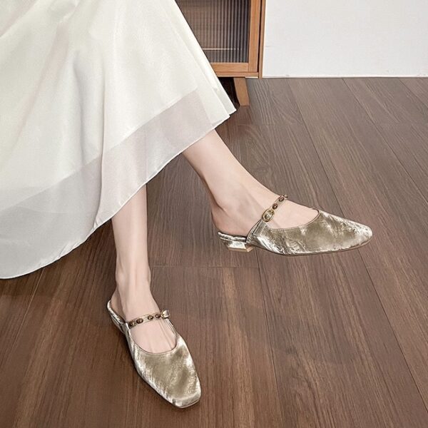 Champagne Gold Luxury Metallic Buckle Low-Heel Mules