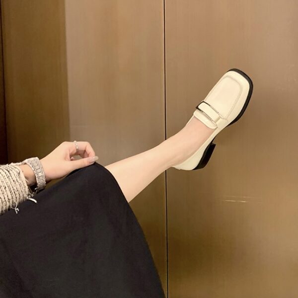 Genuine Leather British-Style Square-Toe Mid-Heel Loafers