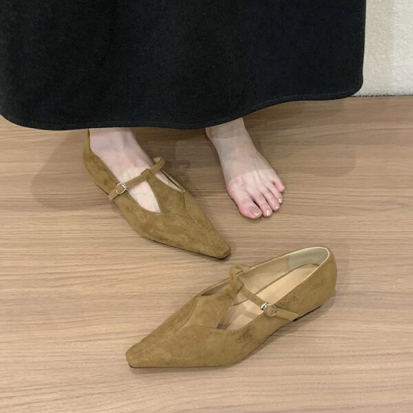 Suede Pointed-Toe T-Strap Chunky Heel Flats Retro Mary Jane Low-Cut Low-Heel Pumps