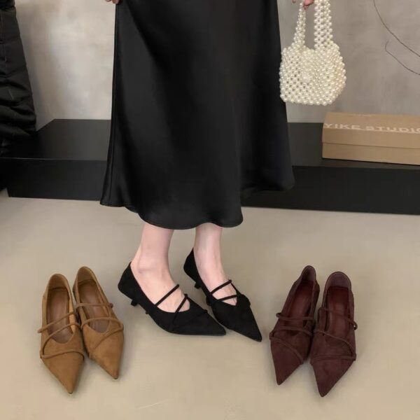 French cross-band pointed toe shoes suede mid-heel retro commuting women's shoes