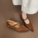 Insole Elevation Suede Pointed-Toe Metal Buckle Flat Shoes Retro Commuter Mary Jane Women's Shoes