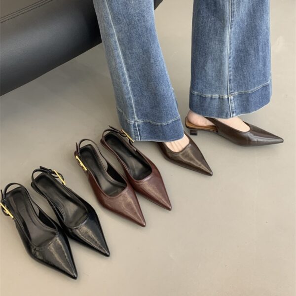Pointed-toe backless metal buckle flats Retro stiletto-heel commuter low-heel sandals