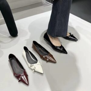 Multi-Color Metal Buckle Pointed-Toe Flats Retro Low-Heel Everyday Commuter Shoes for Women