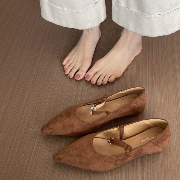 Insole Elevation Suede Pointed-Toe Metal Buckle Flat Shoes Retro Commuter Mary Jane Women's Shoes