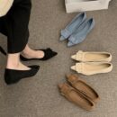 French pointed suede shallow mouth low-heeled flat shoes with a big square buckle decoration