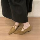 Suede Pointed-Toe T-Strap Chunky Heel Flats Retro Mary Jane Low-Cut Low-Heel Pumps