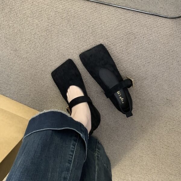 Fashionable Suede Square-Toe Mary Janes with Metal Triangle Buckle