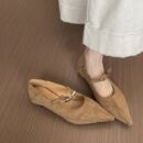 Insole Elevation Suede Pointed-Toe Metal Buckle Flat Shoes Retro Commuter Mary Jane Women's Shoes