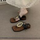 Fashion Metal Geometric Buckle Square Toe Thong Sandals Retro Flat Sandals