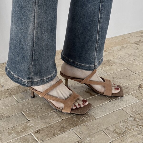 Genuine Leather Vintage Square-Toe High-Heel Sandals