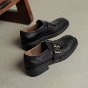 Vintage Buckle Leather Loafers - Elegant Low - Heel Shoes