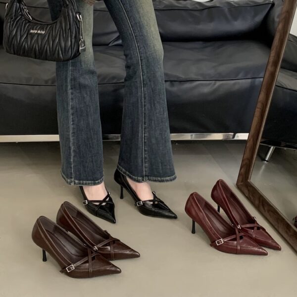 Multi-Color Crisscross Straps Pointed-Toe High Heels Retro Stiletto-Heel Commuter Shoes for Office Ladies