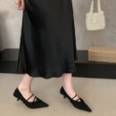 French cross-band pointed toe shoes suede mid-heel retro commuting women's shoes