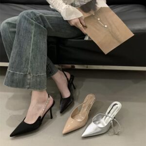 Rhinestone Chain Backless Pointed-Toe High Heels Slim-Heel Pumps for Commuting and Parties