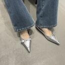 Multi-color metal buckle pointed-toe low-heel shoes Retro commuter slip-on flats