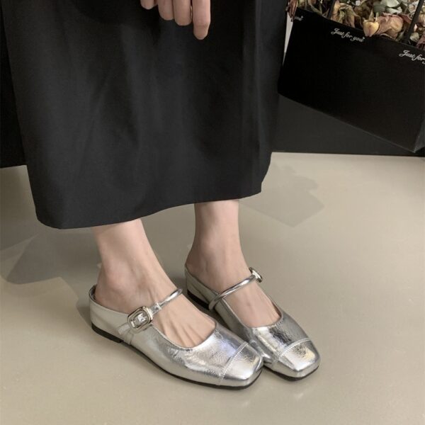 Retro Square-Toe Mary Jane Mules Metal Buckle Low-Heel Covered-Toe Sandals