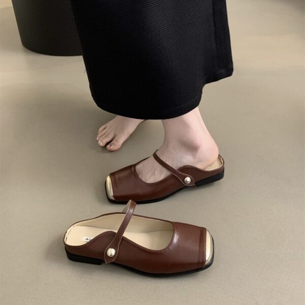 Retro Metal Square-Toe Mary Jane Mules Strappy Low-Heel Covered-Toe Sandals