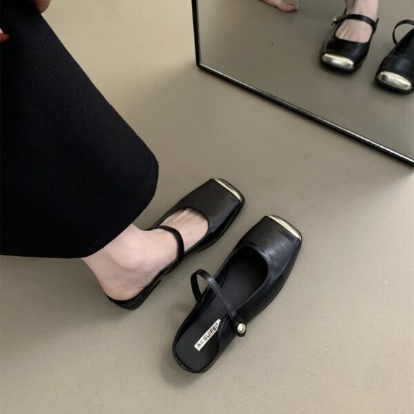 Retro Metal Square-Toe Mary Jane Mules Strappy Low-Heel Covered-Toe Sandals