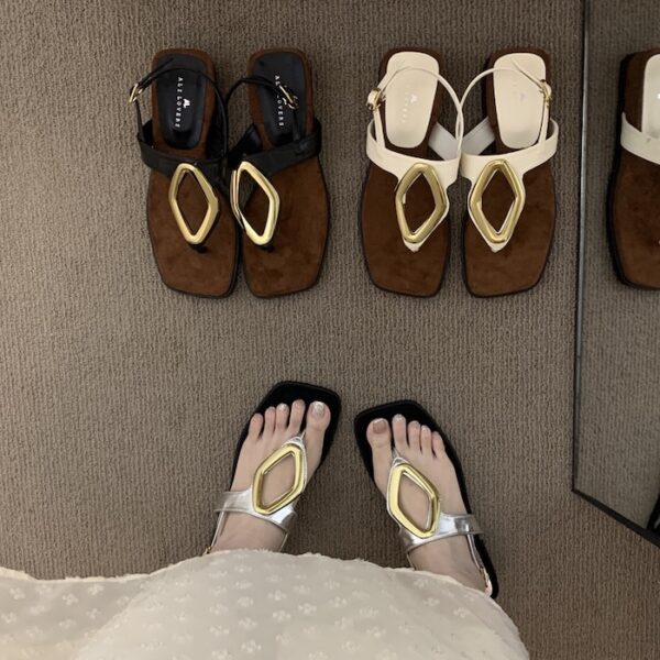 Fashion Metal Geometric Buckle Square Toe Thong Sandals Retro Flat Sandals