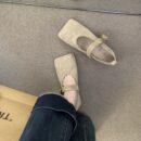 Fashionable Suede Square-Toe Mary Janes with Metal Triangle Buckle