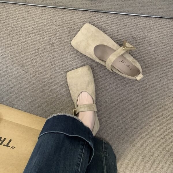Fashionable Suede Square-Toe Mary Janes with Metal Triangle Buckle