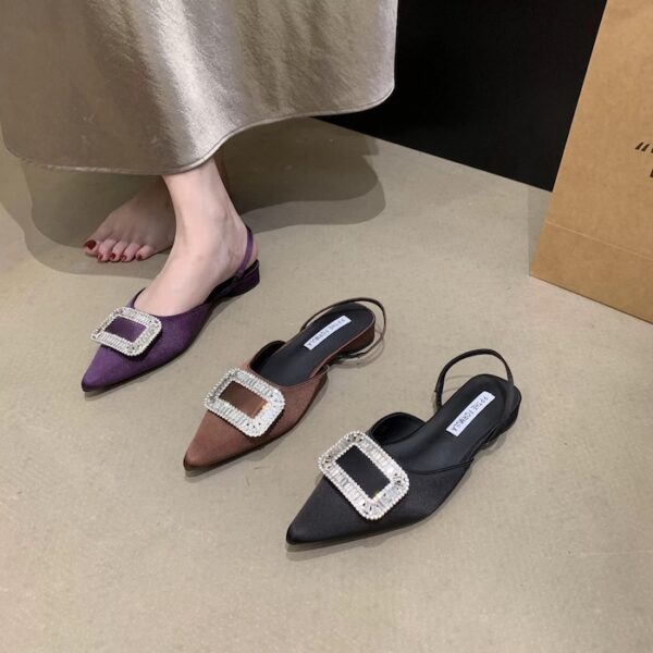 Rhinestone Square Buckle Pointed-Toe Open-Back Sandals Retro Flat Commuter Sandals